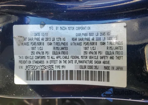 2012 Mazda Cx-9 Touring из США, поврежденный, VIN JM3TB2CA1C0341605